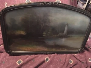 Pastel antiguo original del siglo XIX (?) Pintura de faro a lo largo del agua - Imagen 1 de 5