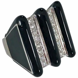 White Gold Black Enamel and Diamond Large Scale Ring - Picture 1 of 11