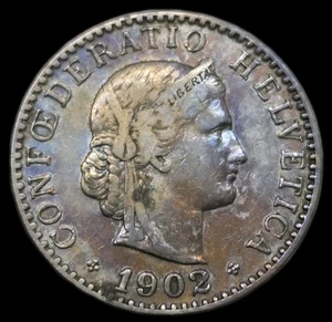 Moneda del Viejo Mundo Suiza 1902 Tonificada Rappen KM:29 (stk140) - Imagen 1 de 4