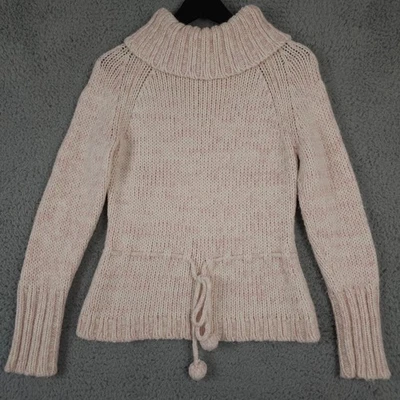 Suéter Ann Taylor LOFT M Rosa Mármol Cuello Alto Lana Mohair Pom Pom Tejido con Cinturón Foto 1 de 4