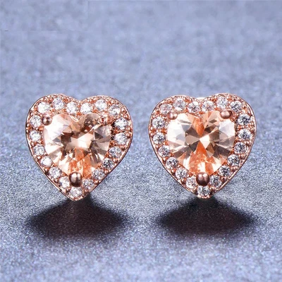 2ct Natural Morganite Diamond Halo Heart Shape Stud Earrings 14k Solid Rose Gold - Image 1 of 4