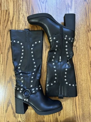 Bota de Moto Nine West Cert Tacón Cuero Negro Tachonado Hasta la Rodilla Para Mujer Talla 9.5 Foto 1 de 4