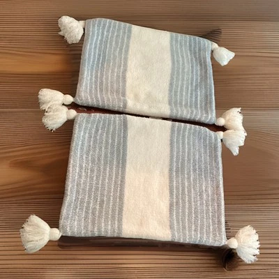 UGG Throw Pillows Covers Set Of 2 White Blue Stripe 20”x16” Soft Cozy w/ Tassels - Image 1 of 4