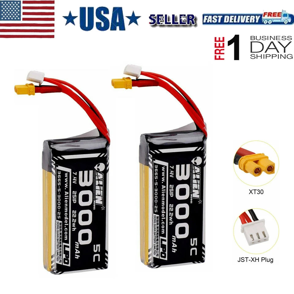 2x 3000mAh 7.4V 2S Lipo Battery XT30 Plug for RadioMaster TX16S Hall Jumper RC - Image 1 of 4