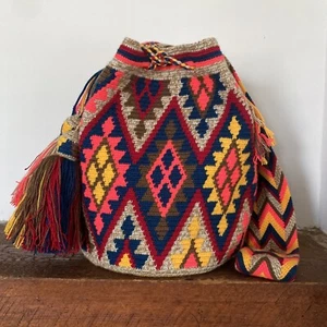 Authentic 100% Wayuu Mochila Colombian Bag Large Size Gorgeous Matizada Cap Tass - Picture 1 of 7