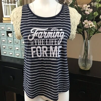 Camisa Top Farm Girl Mujer Rayas Manga Encaje Talla M Azul Marino Blanco Ligera Foto 1 de 4