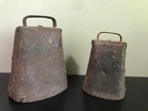 Two Antique Primitive Hand Forged Riveted Cow Bells without clappers - Picture 1 of 5