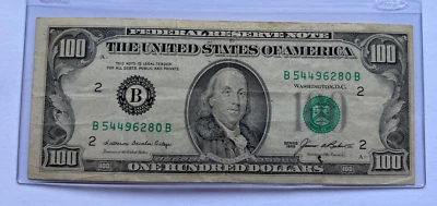 Series 1985 US One Hundred Dollar Bill Note $100 ~ New York ~ B 54496280 B - Image 1 of 3