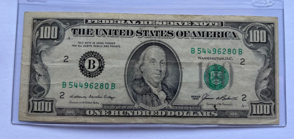 Series 1985 US One Hundred Dollar Bill Note $100 ~ New York ~ B 54496280 B - Image 1 of 3