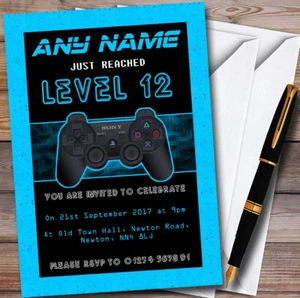 Video Game Gaming Blue Personalised Childrens Birthday Party Invitations - Picture 1 of 1