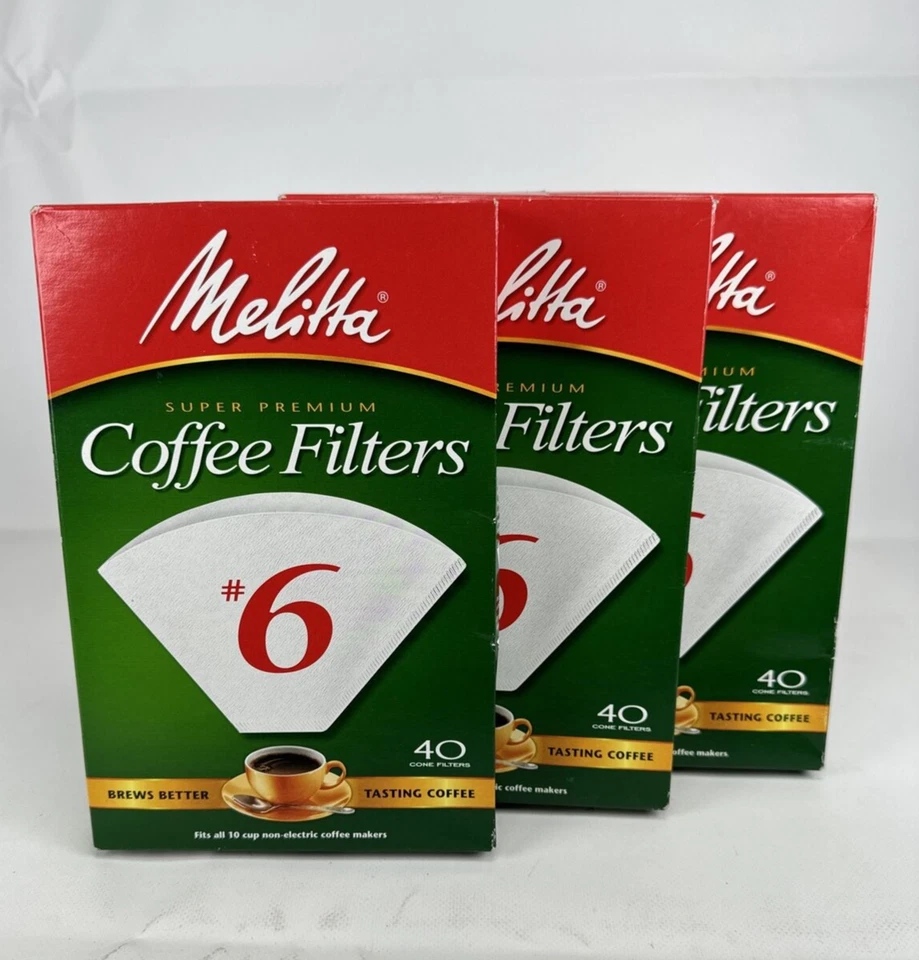 Melitta Filtros Blancos #6 Tamaño 40 CT Paquete de 3 Filtros de Café Cono Blanco 10 Tazas Foto 1 de 1