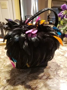 Unique Handbag Black & Multicolor With Feathers And Beads 12x 7.5" Fabulous - Picture 1 of 9