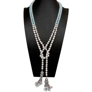 2 Rows Freshwater Cultured White Pearl Crystal Tassel Long Necklace 24" - Picture 1 of 6