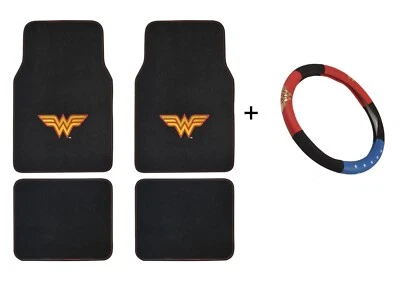 DC Comics Wonder Woman Steering Wheel Cover + Car Floor Mat Set Universal Size - Image 1 of 4