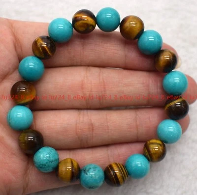6-12mm Green Turquoise Yellow Tiger's Eye Round Gems Beads Elastic Bracelet 7.5" - Image 1 of 4