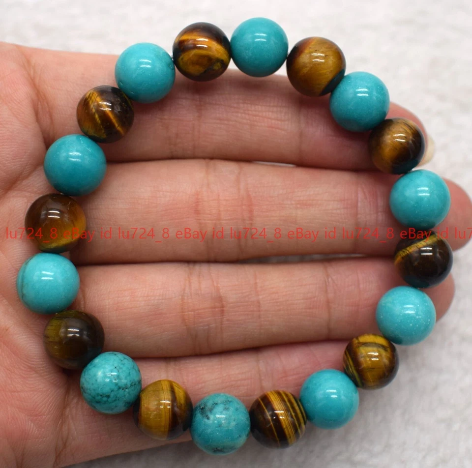 6-12mm Green Turquoise Yellow Tiger's Eye Round Gems Beads Elastic Bracelet 7.5" - Image 1 of 4