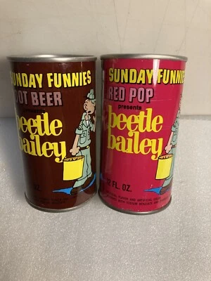 SUNDAY FUNNIES BEETLE BAILEY ROOT BEER AND RED POP 12 OZ REFRIGERANTE POP LATAS. NOVA YORK - Imagem 1 de 4