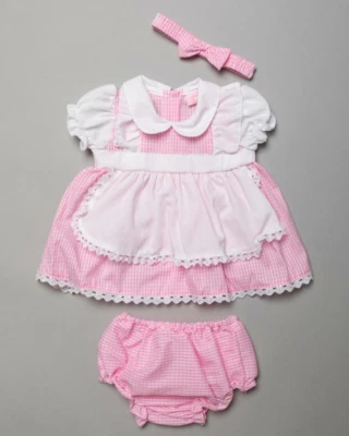 ROCK A BYE Baby girls Spanish Romany apron dress set Gingham pink 6-12 12-18 18-24 months