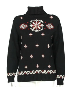 NORDIC DESIGN Black White Red Snowflake Turtlenck Sweater Womens sz PL /868 - Picture 1 of 6