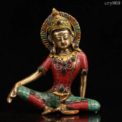 Antiguo Tíbet Cobre Puro Incrustaciones con Gemas Trazado Oro Verde Tara Estatua Foto 1 de 4