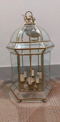 Vintage 6 Light 30 Bevel Glass Brass Dome Lantern Chandelier  - Image 1 of 4