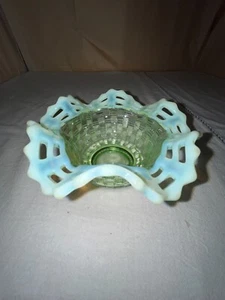 Fenton Green Uranium Opalescent 2 Row Open Edge Basketweave Bowl-Victorian - Picture 1 of 10