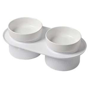 24x Ribbed Ceramic Double Pet Bowl 3pc Set - White - Picture 1 of 3
