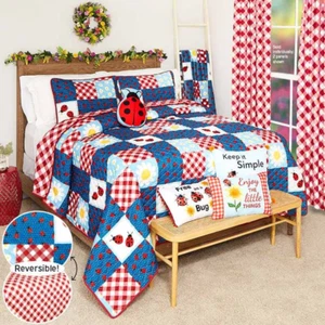 LADYBUG FLOWERS AMERICANA KING SZ REVERSIBLE QUILT SHAMS - RED WHITE BLUE - Picture 1 of 1