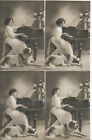 LOVELY GENUINE VINTAGE POSTCARD X 4 OF LADY PLAYING PIANO WITH DOG(TO FRAME)