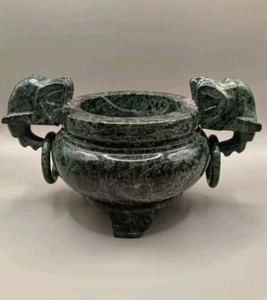 Vintage Chinese Green Marble Incense Burner - Carved Elephant Handles - Picture 1 of 15