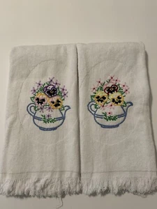 Two Hand Embroidered Fingertip Hand Towel White Terrycloth Teapot Pansies Guest - Picture 1 of 5