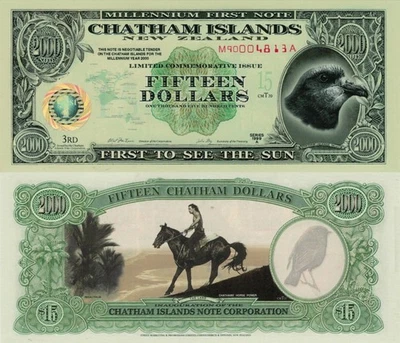 Chatham Islands 15 Dollars (1999) - Bird/Man on Horseback/NIP Polymer Note UNC - Image 1 of 3