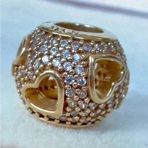 Authentic Pandora 14K Gold 585 ALE Tumbling Hearts Charm Bead - Picture 1 of 9