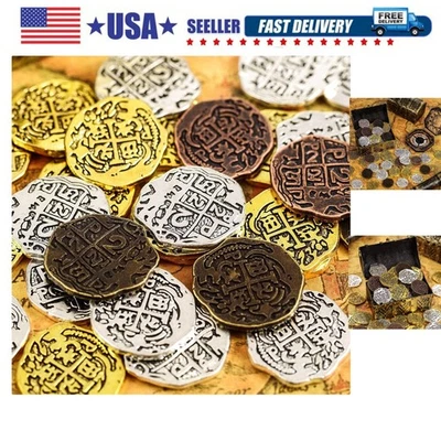 35 peças moedas piratas de metal dourado moedas de tesouro pirata falsas a granel fichas de pôquer... - Imagem 1 de 4