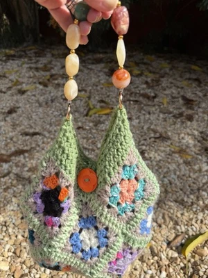 Green Crochet Shoulder Bag With Granny Squares And Stone Handle - Image 1 of 4