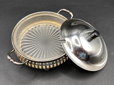 Condiment Relish Dish Deco Glass Liner Pierced Sides Vintage Manco Plate EPNS  - Image 1 of 4