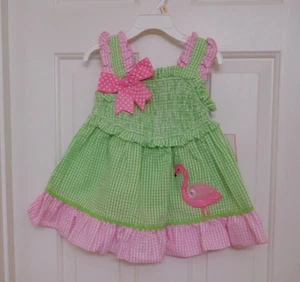 NWT Rare Editions Smocked Bodice Green & Pink Seersucker Flamingo Dress sz 4t - Picture 1 of 2