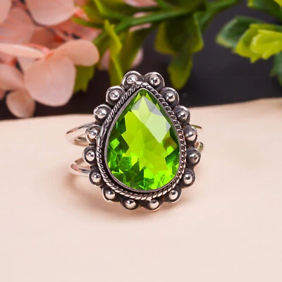 Peridot Green Gemstone 925 Sterling Silver Ring Oxidize Jewelry Gift For Friends - Image 1 of 4