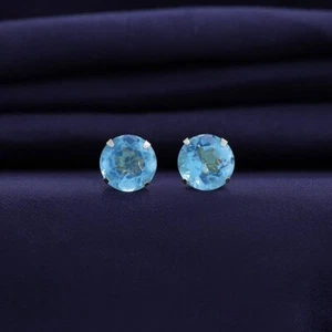 14K Solid Yellow Gold 8mm Round Aquamarine Solitare Stud Earrings with Push Back - Picture 1 of 8