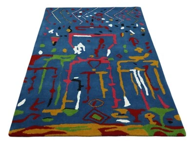 Wollteppich 120x180 Blau Bunt Abstrakt Marokko Design Teppich Handgetuftet HT302 - Bild 1 von 4