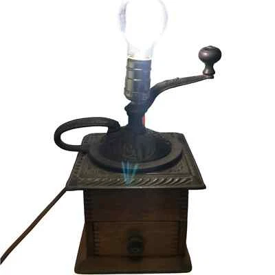 Vtg LAMP Antique Wood Coffee Bean Burr Grinder Mill Manual Cast Iron Hand Crank - Image 1 of 4