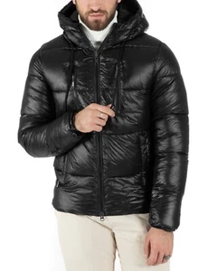 Chaqueta Hombre Cazadora de Aviador Negro Sólido Brillante Mate Puffer Capucha - Imagen 1 de 8