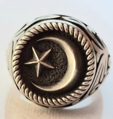 ANILLO HOMBRE ISLÁMICO PLATA ESTERLINA 925 MEDIA LUNA Y ESTRELLA TALLA 12.5 Foto 1 de 4