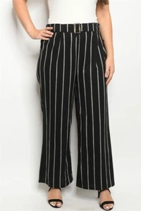 Womens Plus Size Black Stripe Wide Leg Pants 1XL Stretch Waist  - Picture 1 of 2