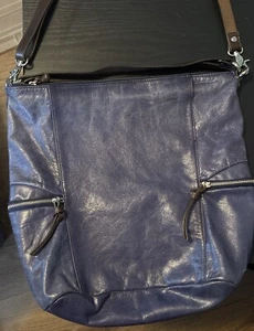 Tano Blue Leather Large Handbag Purse Brown Straps Silver Hardware 14x16x5 EUC - Picture 1 of 8