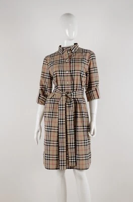 BURBERRY Cotton Beige Checked Belted Long Sleeve Dress IT40 US6 FR38 175/84A - Image 1 of 4