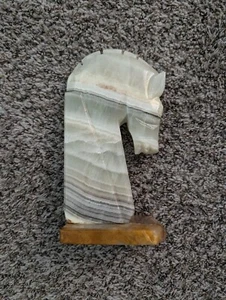 Vintage Art Deco XL Bookend Onyx Horse Head Horse Chess Piece Green Brown Beige - Picture 1 of 8