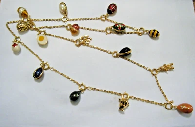 35" Vintage Joan Rivers 15 Charms & Faberge Eggs Chick Bear Swan Gold Necklace - Image 1 of 4