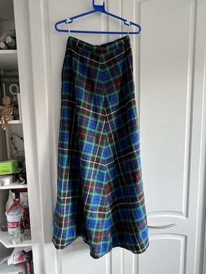 Vintage 1980's Green Blue Pure Wool Check Tartan A-Line Maxi Skirt 26" UK 6/8 - Image 1 of 4