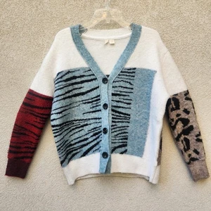 MOTH Damen Strickjacke klein blau weiß Leopard Zebra Anthropologie Pullover - Bild 1 von 10